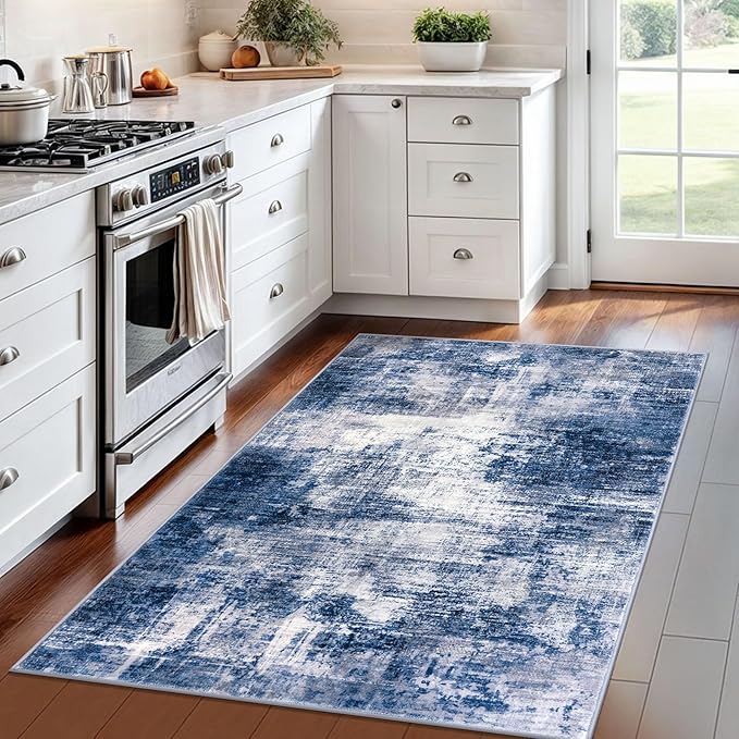 IOHOUZE Abstract Area Rug 4x6 Ft Washable Rugs for Entryway Indoor, Non Slip Small Living Room Rugs Printed Faux Wool Throw Rug, Floor Carpet for Kitchen Nursery Playroom, Navy/Grey