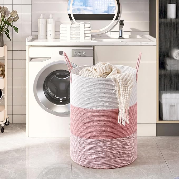 CLHMILY&Z 100L Laundry Basket Round Storage Rope Basket - 18.1x24 Inches - Pink Hamper in Bedreoom and Cute Storage Bin for Blankets, Toys, and Nursery Essentials