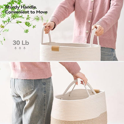 80L Laundry Hamper Basket,Baby Nursery Woven Storage Basket for Toys Bin,Pillows,Blankets,Clothes,Brown&White