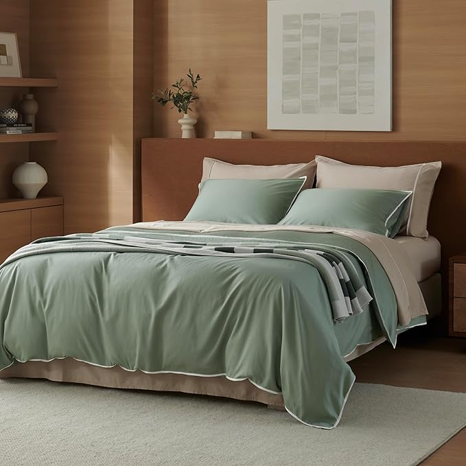 Double Stitch Cotton Tencel Duvet Cover - King Size Comforter Cover, Luxury & Soft Eucalyptus Lyocell Bedding Set for Hot Sleepers, Cooling & Breathable, Button Closure, Sage Green Contrast, 106"x90"
