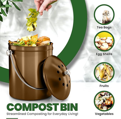 Utopia Kitchen Compost Bin for Kitchen Countertop, 1.3 Gallon Compost Bucket for Kitchen with Lid, Includes 1 Spare Charcoal Filter (Bronze)