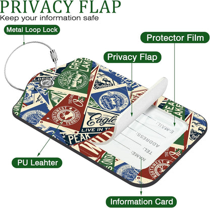 2 Pack Luggage Tag for Suitcase Nautical Patches Mountain Lake Camp Flag Leather Suitcase Tags with Privacy Name ID Label and Stainless Steel Loop for Travel Bag