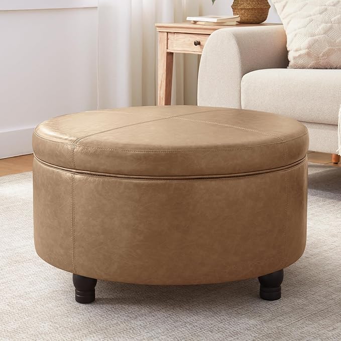 30-Inch Round Storage Ottoman, Modern Ottoman Coffee Table with Removable Top for Living Room, Bedroom, Office （Light Brown）