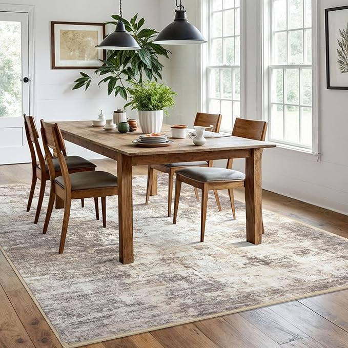 IOHOUZE Abstract Area Rugs 6x9 Ft Washable Rugs for Living Room, Non Slip Dining Room Rug Printed Faux Wool Rugs for Bedroom, Floor Carpet for Office Nursery Playroom, Beige Brown