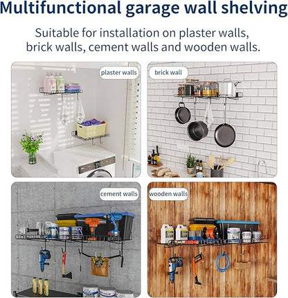 2 Pack Garage Wall Shelf, Wall Mounted Storage Shelves, Heavy Duty Metal Shelves for Room Wall, Loads 130 LBS Floating Shelves Mesh Storage Rack for Garage, Office, Basement,Wall Cabinet and Kitchen