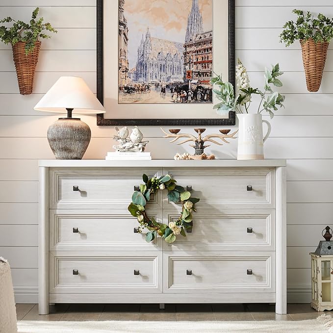 Farmhouse 6 Drawers Dresser for Bedroom, White Dressers, 52" Wide Rustic Wood Chest of Drawers with Natural Texture, Metal Handle, Storage Closet Dressers for Bedroom, Living Room