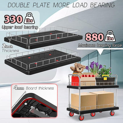 Utility Service Cart 2 Shelf - 880lbs Capacity Heavy-Duty Plastic Rolling Utility Carts with 5 of 360° Swivel Wheels and Handle, Large Service Cart for Groceries, Warehouse,Garage 43.5''x25.6''