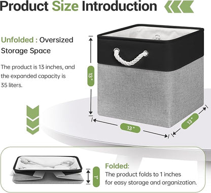 13x13 Inch Cube Storage Bins with Reinforced Bottom Cardboard, 6 Pack Large Collapsible Fabric Storage Cubes with Handles for Shelf, Closet, Toy, Laundry Organization (Black&Gray)