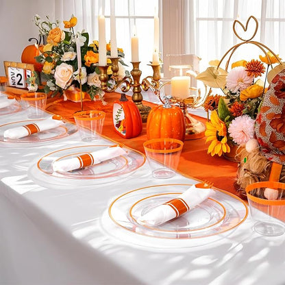 SUT 350Pcs Orange and Clear Plastic Dinnerware Set