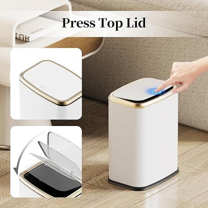 2.1 Gallon Bathroom Trash Can with Lid Press Top, 8 Liter Stainless Steel Garbage Can with Press Type Lid, Slim Trash Bin Waste Basket for Toilet, Office, Bedroom, Living Room (White)