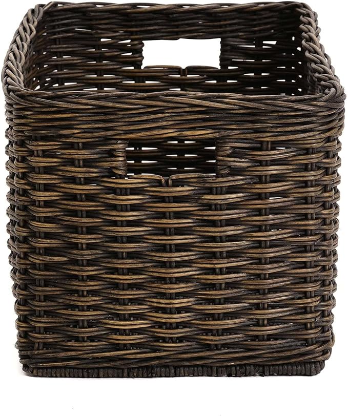 The Basket Lady Tall Rectangular Wicker Storage Basket, Small, 16.5 in L x 10.5 in W x 10.5 in H, Antique Walnut Brown
