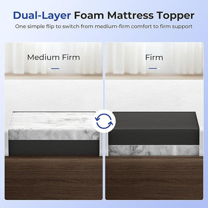 Cooling Mattress Topper Full Size 3 Inch, Cooling Gel & Bamboo Charcoal Memory Foam Mattress Topper for Back Pain Relief, Firm Dual-Layer Foam Bed Pad with Removable Cover