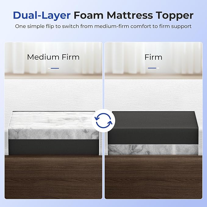 Cooling Mattress Topper Full Size 4 Inch, Cooling Gel & Bamboo Charcoal Memory Foam Mattress Topper for Back Pain Relief, Firm Dual-Layer Foam Bed Pad with Removable Cover