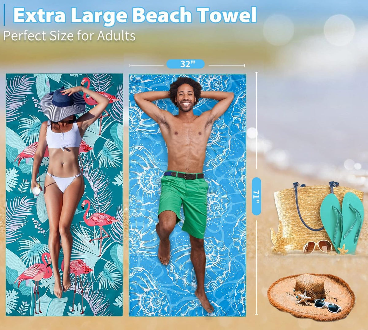 2 Pack Lightweight Thin Beach Towel Oversized 71"x32" Big Extra Large Microfiber Sand Free Towels for Adult Quick Dry Travel Camping Beach Accessories Vacation Essential Gift Blue Shell Flamingo