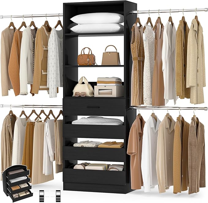 Aheaplus Closet System, 4-9Ft Closet Organizer with 4 Wooden Drawers, Wood Closet Organizer System with Tower, Walk-in Closet Organizer Wardrobe Clothes Rack with 4 Hanging Rods, Garment Rack, Black