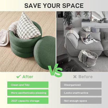 Round Ottoman with Storage Boucle Ottoman Stool Removable Lid for Living Room Modern Upholstered Vanity Storage Stool Foot Rest Bedroom Dorm Gifts Set of 2 (Green)
