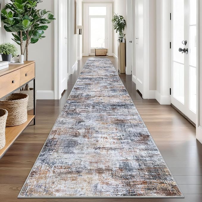 IOHOUZE Abstract Runner Rug 3x18 Ft Washable Runners for Hallways, Non Slip Kitchen Runner Printed Faux Wool Entryway Runner Indoor, Modern Abstract Floor Carpet for Hall Stair, Orange Grey