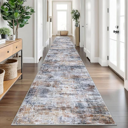 IOHOUZE Abstract Runner Rug 3x18 Ft Washable Runners for Hallways, Non Slip Kitchen Runner Printed Faux Wool Entryway Runner Indoor, Modern Abstract Floor Carpet for Hall Stair, Orange Grey