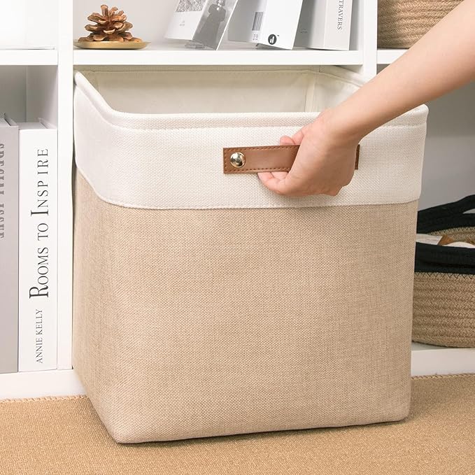 DULLEMELO Cube Storage Bin 13x13,Collapsible Fabric Storage Cube for Organizing,Cubby Storage Basket for Shelves,Closet,Laundry,Nursery,Toys,Clothes (White&Khaki)