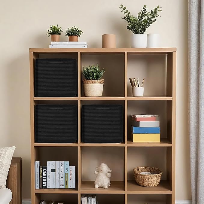 3 Pack Storage Cubes 11 Inch Cotton Rope Woven Baskets for Organizing Cube Bin Square Shelves Organizer,Classroom,Kids Toy Bins,Closet,Baby Nursery(Black)