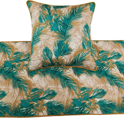 The HomeCentric King/Queen/Twin Green Decorative Twin 53"x18" Bed Runner with 2 Pillow Cover, Plam Leaves & Quilted Bed Scarf on Satin Fabric - Palms