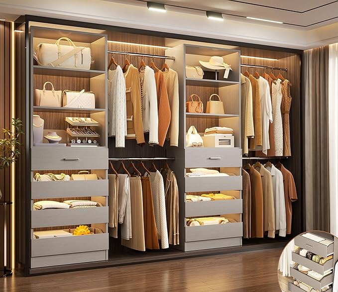 Aheaplus Closet System, 6-15Ft Closet Organizer with 8 Wooden Drawers, Wood Closet Organizer System with Tower, Walk-in Closet Organizer Wardrobe Garment Clothes Rack with 4 Hanging Rods, Grey