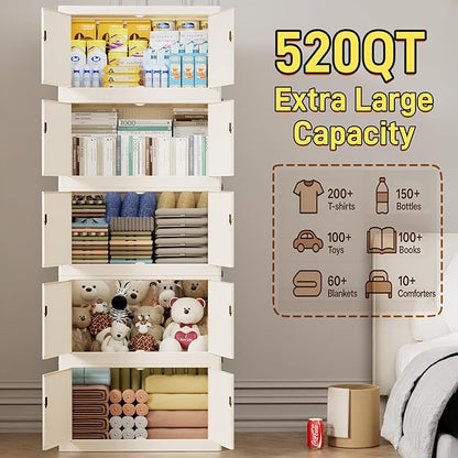 520QT/130GAL Stackable Storage Bins with 1 lid Storage Closet Organizers and Drawer Foldable Storage Bins Container with door Collapsible Storage Box for Home Office Dorm Room(104Qt X 5),White