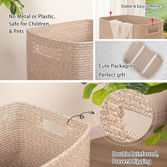 OIAHOMY Laundry Hamper, Rectangle Cotton Laundry Basket with Handles, Large Blanket Basket for Living room, Woven Decorative Storage for Toys,Clothes,Pillows-16x13x22in-Brown variegated
