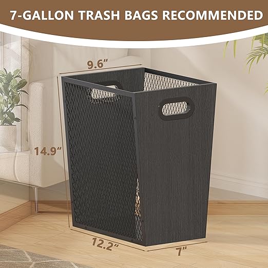 Piskyet Black Office Trash Can for Near Desk,7 Gallon Unique Wood Bedroom Garbage Can,Vintage Wastebasket with Handle, Decorative Trash Can for Home Office,12.2" L x 9.6" W x 14.9" H