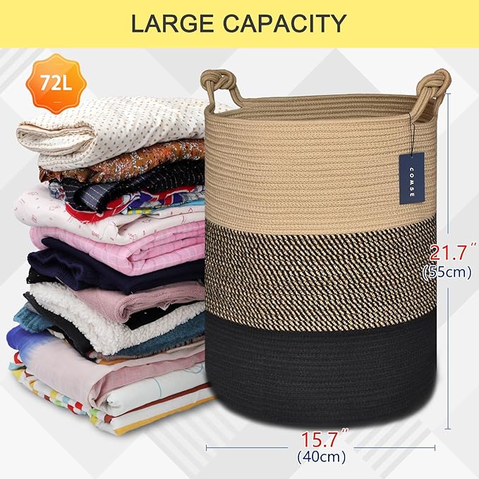 COMSE Extra Large Blanket Basket, Tall Woven Storage Basket, Nursery Hamper, 15.7”x 21.7”, Cotton Rope Laundry Hamper for Toys Clothes Towels, Brown/Black