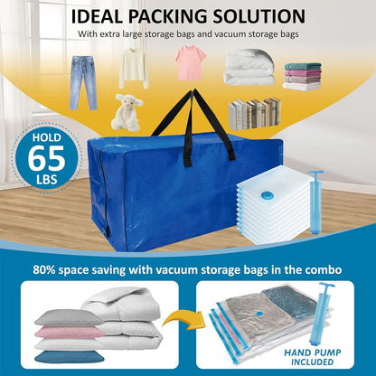 20 Pack Heavy Duty Extra Large Moving Totes with Backpack Straps & Large Vacuum Storage Bags - Space Saving, Fold Flat, Includes Vacuum Bags