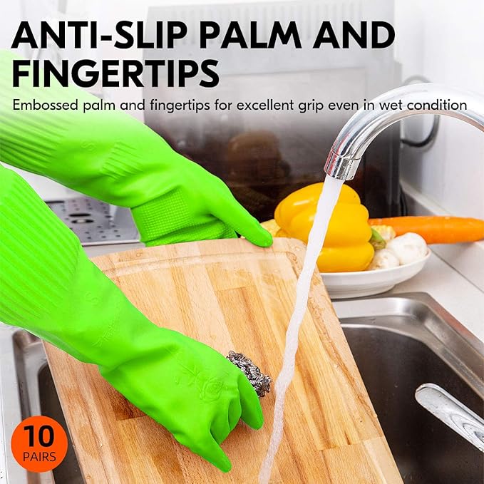 Vgo... 10-Pairs Dishwashing Gloves, Reusable Household Gloves, Kitchen Gloves, Long Sleeve, Thick Latex, Cleaning, Washing, Working, Painting, Gardening, Pet Care (Size M,Green, RB2143)