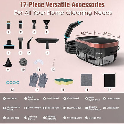Steam Cleaner, 4 Bar High Pressure Steamer with 6-Level Adjustable, 15s Heat-Up, 42.7oz Large Tank, 7ft Extended Hose, 18 pcs Accessories, Portable Steam Cleaner for Home, Car, Tile, Grout, Grease