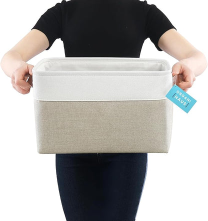 OrganiHaus Large Fabric Storage Baskets for Shelves 3 Pack, 15x11in Closet Storage Bins for Shelves, Cloth Baskets for Organizing, Linen Closet Organizers, Fabric Basket, Beige/White