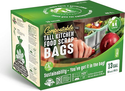 UNNI Compostable Trash Bags, 13 Gallon / 49.2 Liter, 200 Count Value Pack, Extra Thick 0.9 Mil Tall Kitchen Food Scrap Bin Liners, Certified by BPI, CMA & OK compost HOME, Meets ASTM D6400 Standard