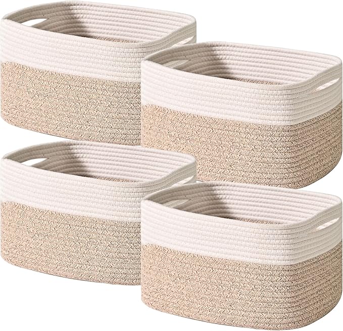 Storage Baskets for Shelves, Woven Storage Basket, Bins for Cube Storage, Cotton Rope Basket with Handles for Toy, Book, and Clothes Living Room, (4 Packs) Off White & Brown