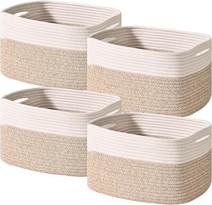 Storage Baskets for Shelves, Woven Storage Basket, Bins for Cube Storage, Cotton Rope Basket with Handles for Toy, Book, and Clothes Living Room, (4 Packs) Off White & Brown