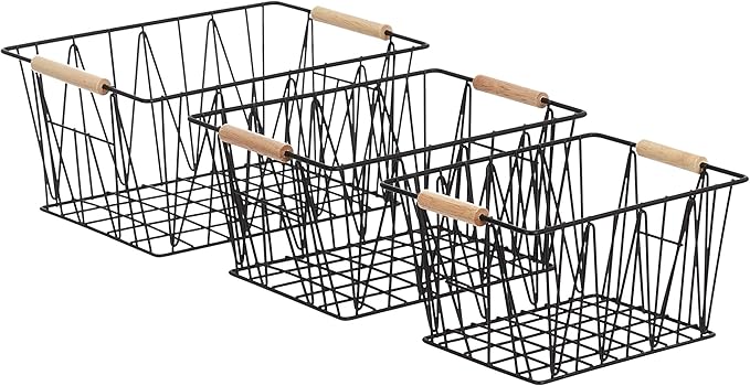 Amazon Basics Rectangular Wire Storage Baskets, Set of 3, Standard, Black