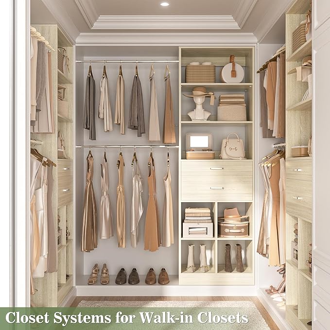 Closet System, 4-8 FT Closet Organizer Tower with 2 Wooden Drawers and Shelves, Can Fit 60 to 96 inch Walk-in Closet System with 5 Hang Rods, Built-in, Greige Oak