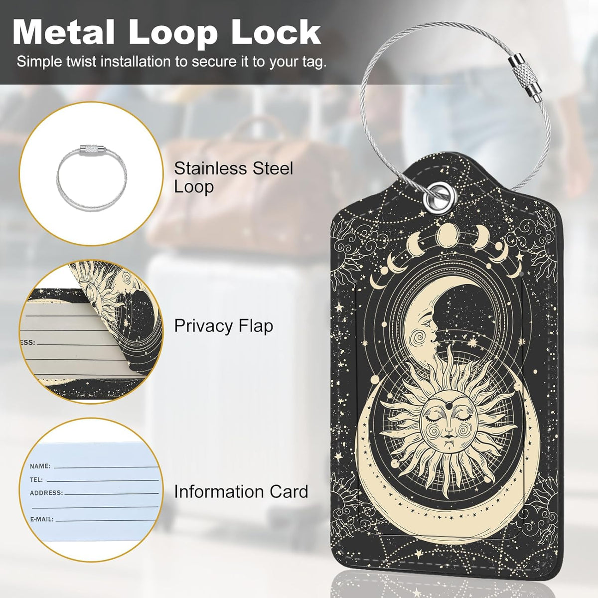 2Pack Luggage Tags for Suitcases, Cute Unique Pu Leather Cruise Luggage Tag with Privacy Cover ID Label Address Card and Metal Ring Suitable for Women Men Kids Travel Bag Sun and Moon Face