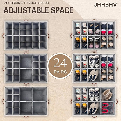 2 Pack Shoe Organizer for Closet, Adjustable Shoe Box Storage Containers, Large Foldable Shoe Bins with Clear Cover, Space Saving Shoes Holder with 4 Handles, Fits 24-48 Pairs, Beige