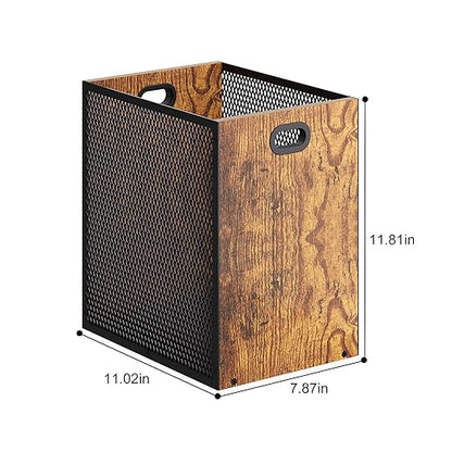 Retro Office Trash Can, Iron and Wood Combination Bedroom Garbage Can, Rectangular Design Wastebasket with Handle, Industrial Style Trash Can for Home Office, 4.5 Gallon (Patent Pending)