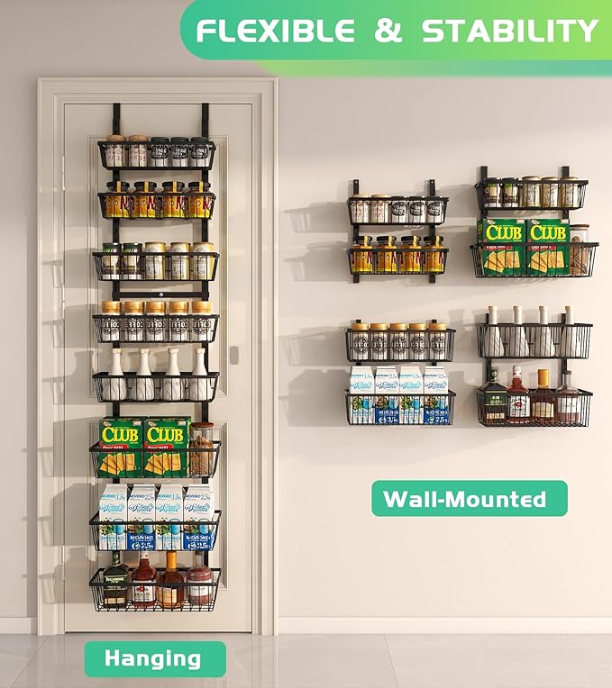 12 Inch Wide Narrow Over The Door Pantry Organizer, Pantry Organization and Storage, Black 8-Tier Metal Hanging Deep Basket Wall Spice Rack Seasoning Shelves, Home & Kitchen Essentials