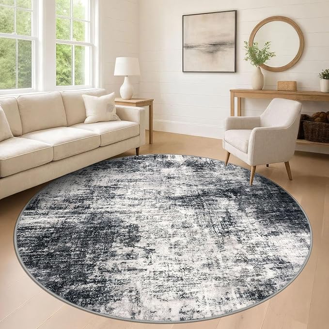 IOHOUZE Abstract Round Area Rug 8 Ft Washable Circle Rugs Large Round Rug Non Slip Thin Soft Circle Rugs, Printed Faux Wool Floor Carpet for Bedroom Living Room Dining Room Nursery, Black Grey