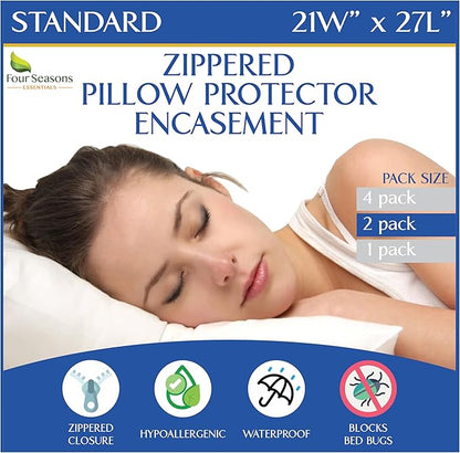 Standard Pillow Protectors (Set of 2) – Zippered Waterproof Pillow Covers Hypoallergenic Dust and Allergen Proof Pillowcase Encasement