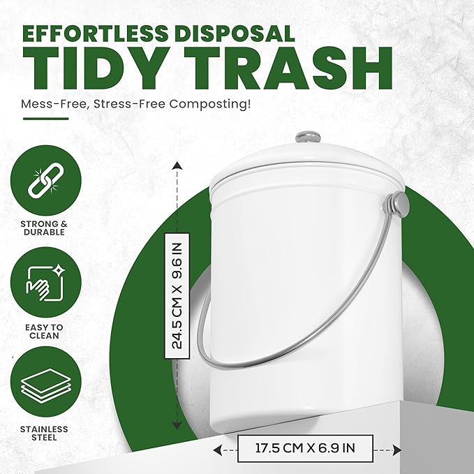 Utopia Kitchen Compost Bin for Kitchen Countertop, 1 Gallon Compost Bucket for Kitchen with Lid, Includes 1 Spare Charcoal Filter (White)