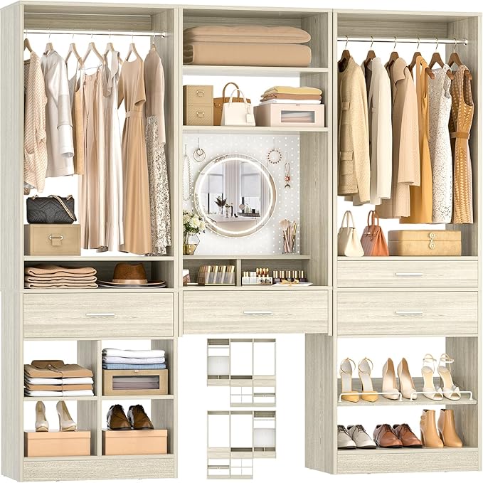 Unikito 75” Modular Closet System, Freestanding Closet Organizer with Hanging Rods, Drawers, Adjustable Clothes Garment Rack with Shoe Rack, Sturdy Walk in Closet Set for Bedroom, Mudroom, White Oak