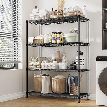 4- Shelf Metal Shelving Unit Adjustable Storage Shelves Heavy Duty Garage Shelving Steel Wire Shelving for Laundry Bathroom Kitchen Pantry Closet Garage Black, 35.6Wx16Dx54H