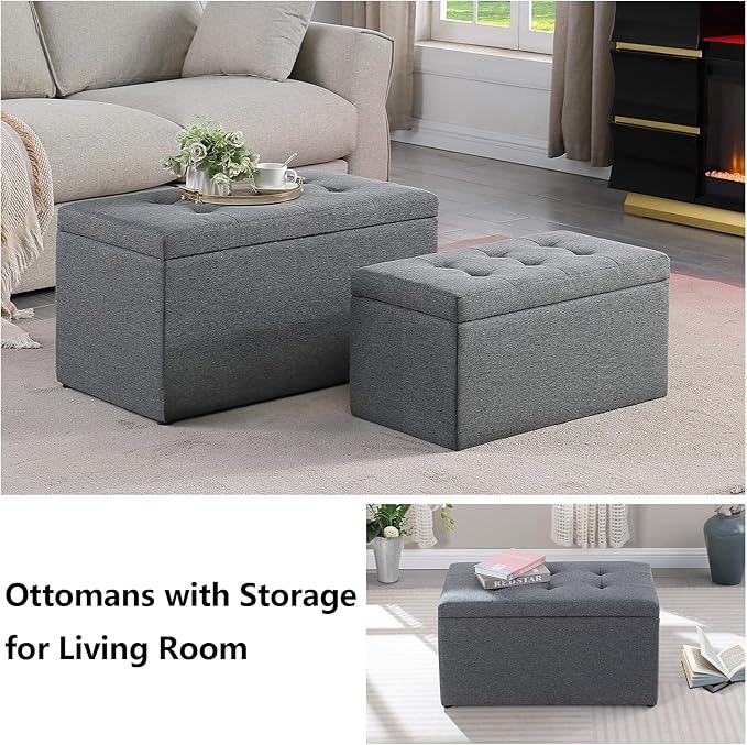 Storage Ottoman Bench with 2.56-inch Thick Seat, 31.5 inch Nesting Ottoman Set of 2, Hinged Flip Top Bench with Storage for Living Room, Bedroom, Grey
