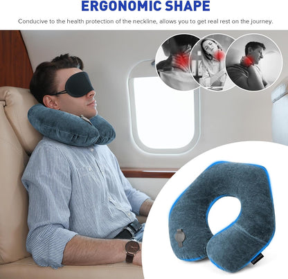 Rewondah Neck Pillows for Travel, Inflatable Travel Pillow, Inflatable Neck Pillow for Traveling Airplane with Soft Velour Washable Cover, U Shape Blow Up Neck Pillow for Airplanes Train Car Travel